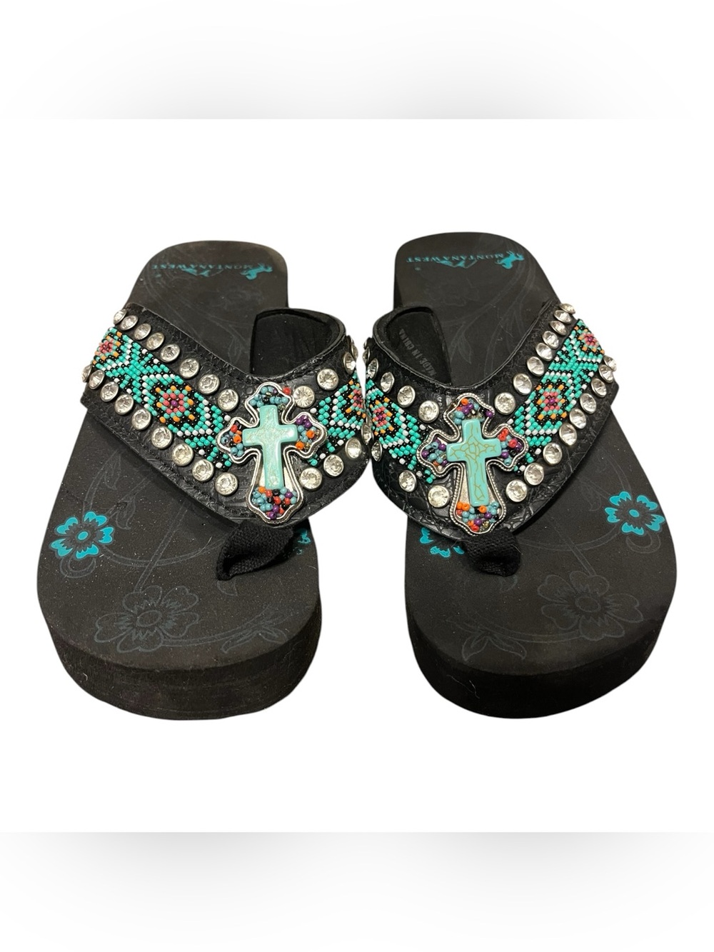 Montana West Black Sandals with Turquoise Cross and Multicolor Beading